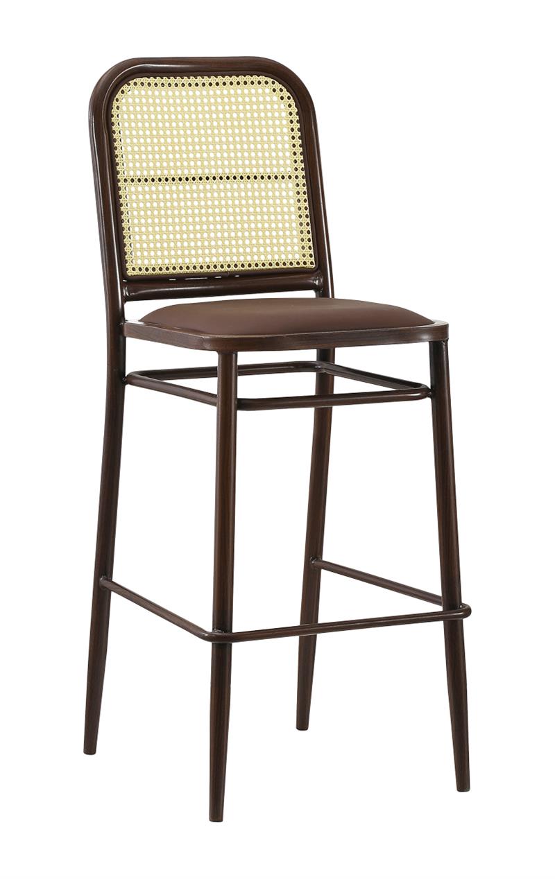 Indoor Metal Barstool in Wood Grain Finish w/ Poly Woven Back & Brown Vinyl Seat