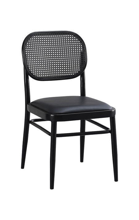 Black Metal Chair with Black Vinyl Seat & Cane Rattan Back