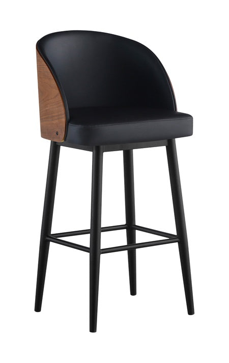 Indoor Steel Barstool with Black Vinyl Seat & Curved Veneer Wood Back