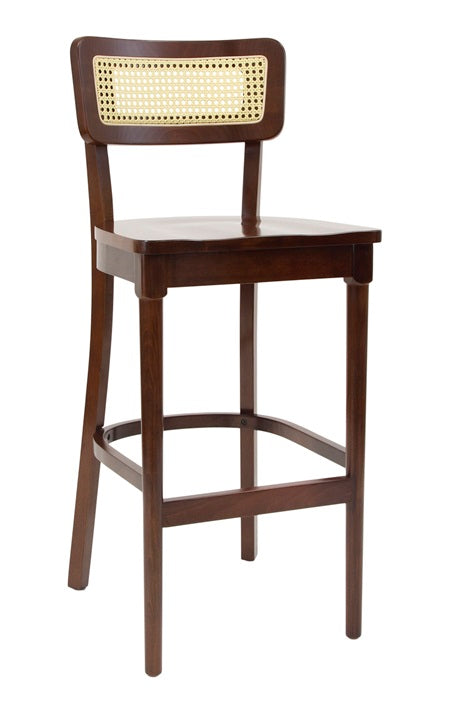 Indoor Walnut Beechwood Barstool with Faux Cane Rattan Back