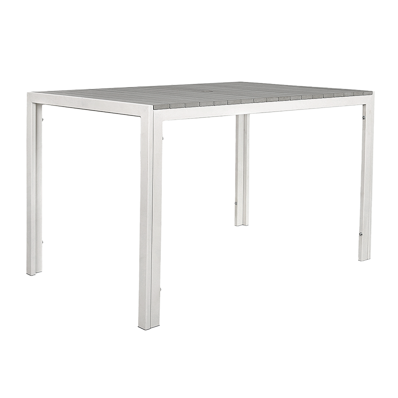 30"x48" White Steel Table with 1.5" Umbrella Hole, Light Grey Imitation Teak Slat Top