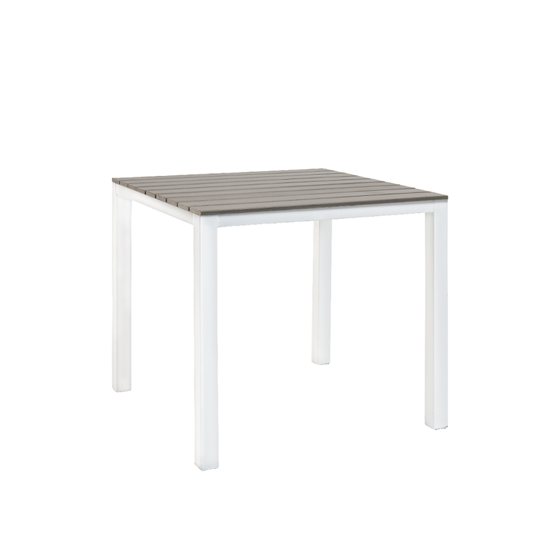 36"x36" Indoor/ Outdoor White Steel Table with 1.5" Umbrella Hole, Imitation Teak Slat Top in Light Grey