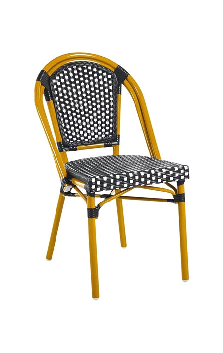 Vibrant Yellow Metal Frame Chair with Black and White Checkered Poly Woven Seat & Back, Outdoor Use