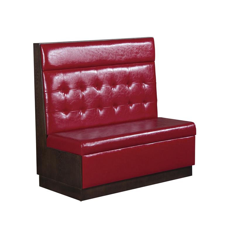 Single booth in Veneer Frame and Red Tufted Vinyl Back with Headroll, Red Vinyl Seat, 47.2" x 23.6" x 46"