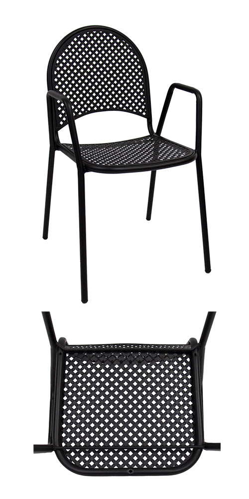 Black metal powder coated outdoor chair.